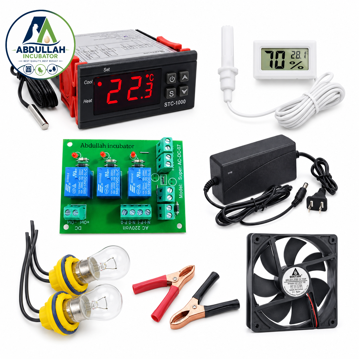 কন্ট্রোলার STC-1000 DC-12V 5A DC-12V চার্জার 4" DC-12V কুলিং ফ্যান AC DC লাঞ্চার বোর্ড DC-12V লাইট হোল্ডার 2 টুকরা ব্যাটারি ক্লিপ ব্যাটারির সাথে সংযুক্ত করার জন্য 2 টুকরা আর্দ্রতা পরীক্ষা করার জন্য হা