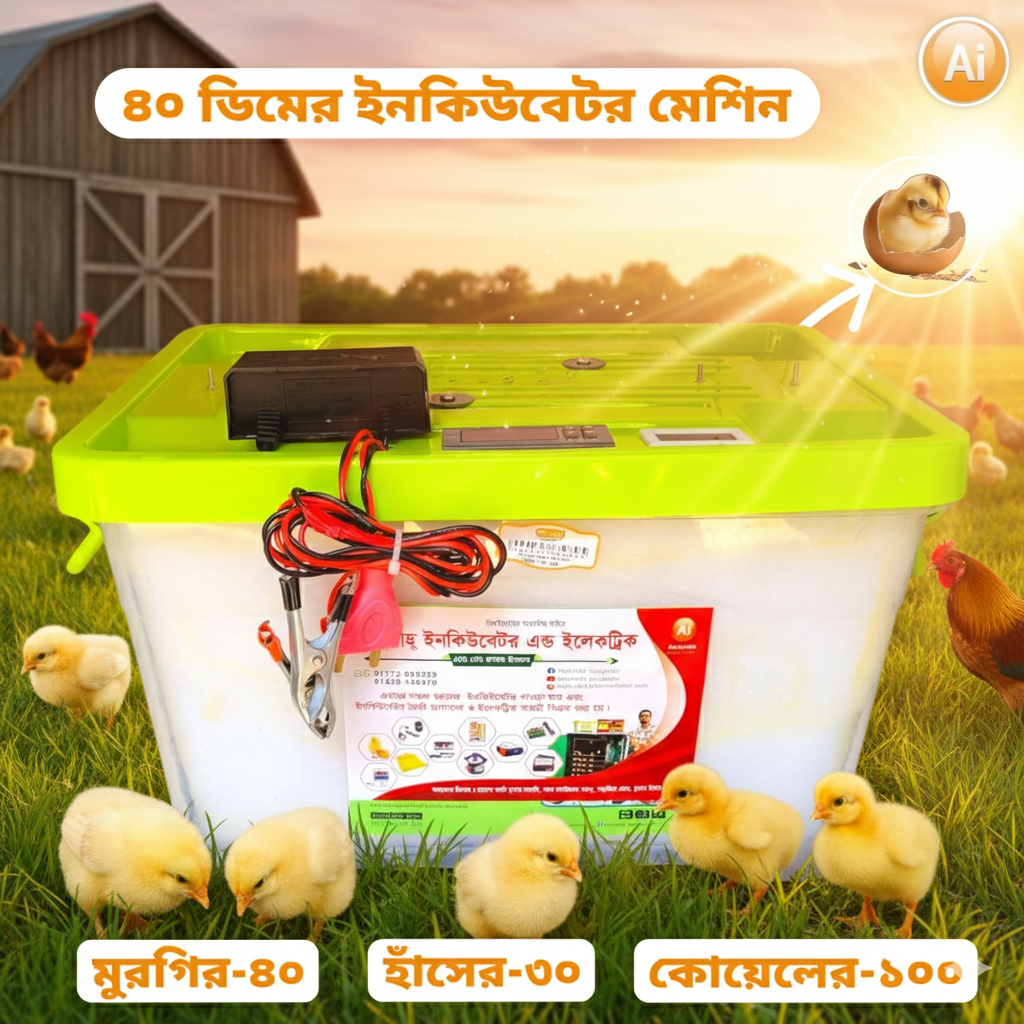 ৪০ ডিম ধারণক্ষম স্মার্ট সেমি অটো ডিম ফোটানোর ইনকিউবেটর মেশিন – AC/DC Semi Auto Egg Incubator